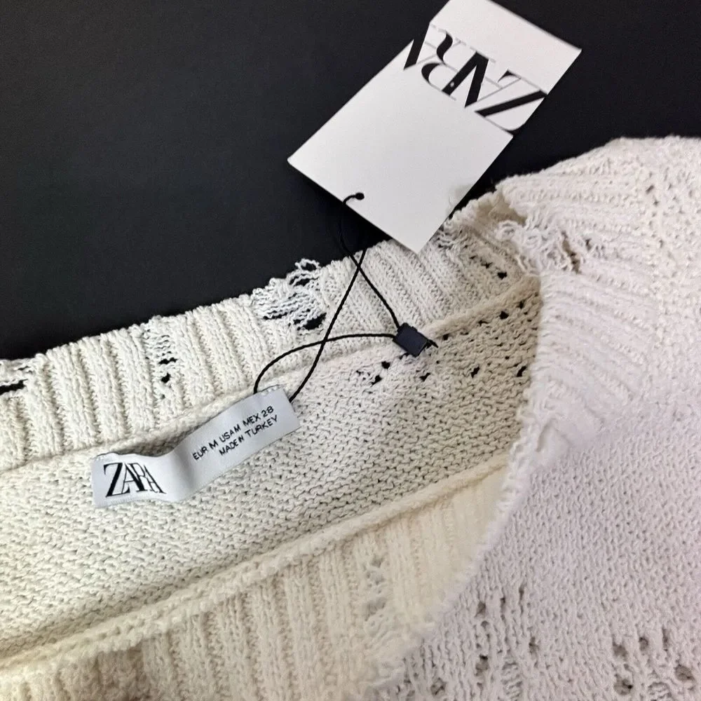 Zara Ripped Open Knit Sweater‎ Cream Womens Medium Crochet Distressed Spain NWT - Picture 8 of 12